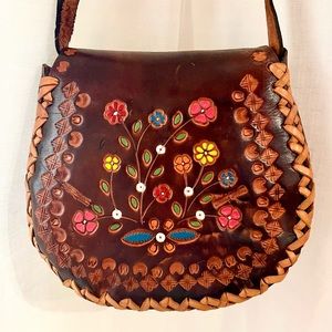 Colorful vintage 70’s leather purse. Hand made and tooled